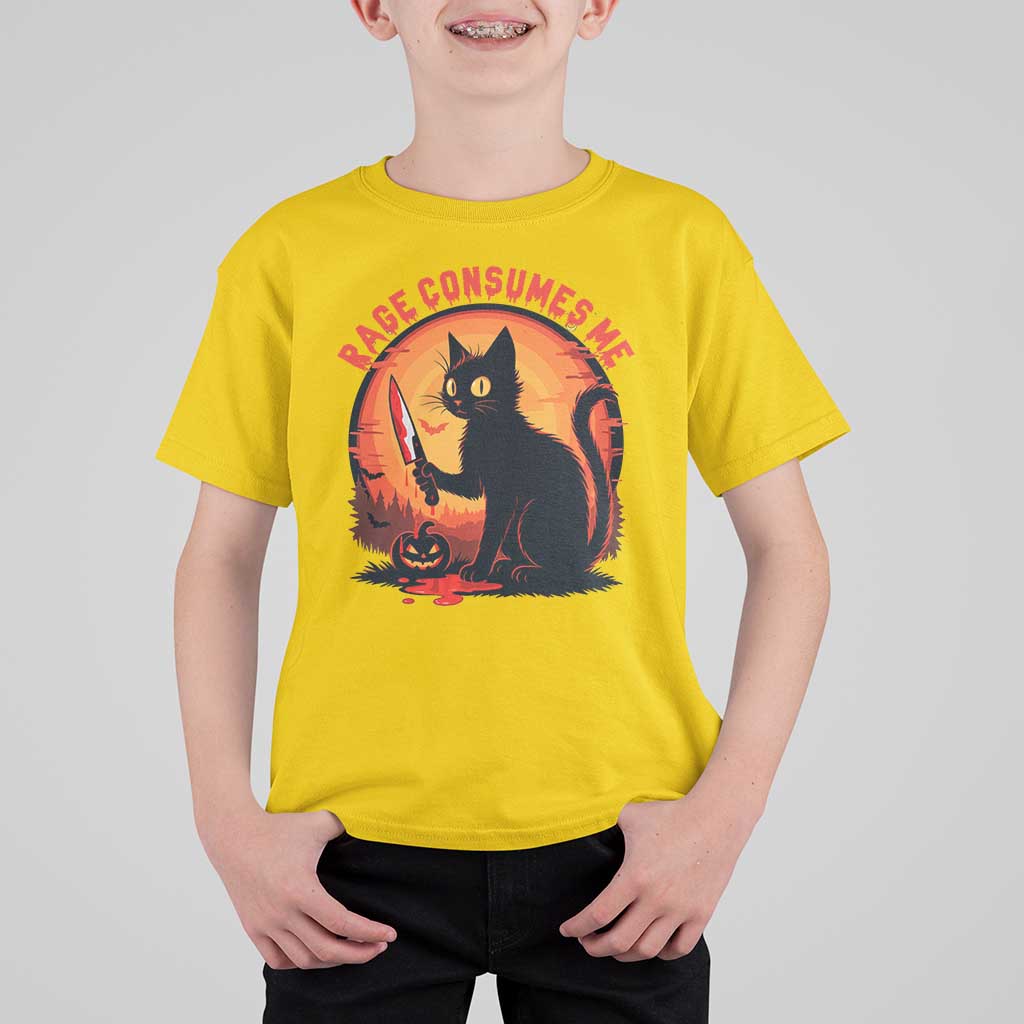 Funny Black Cat Halloween Funny Black Cat Murderous Cat With Knife T Shirt For Kid Rage Is Consuming Me - Wonder Print Shop