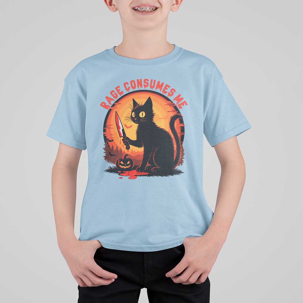 Funny Black Cat Halloween Funny Black Cat Murderous Cat With Knife T Shirt For Kid Rage Is Consuming Me - Wonder Print Shop