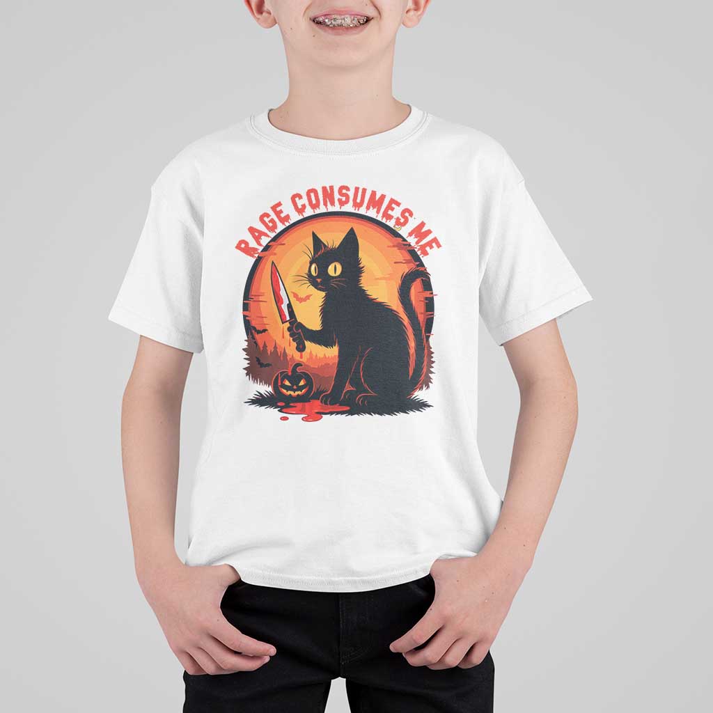 Funny Black Cat Halloween Funny Black Cat Murderous Cat With Knife T Shirt For Kid Rage Is Consuming Me - Wonder Print Shop