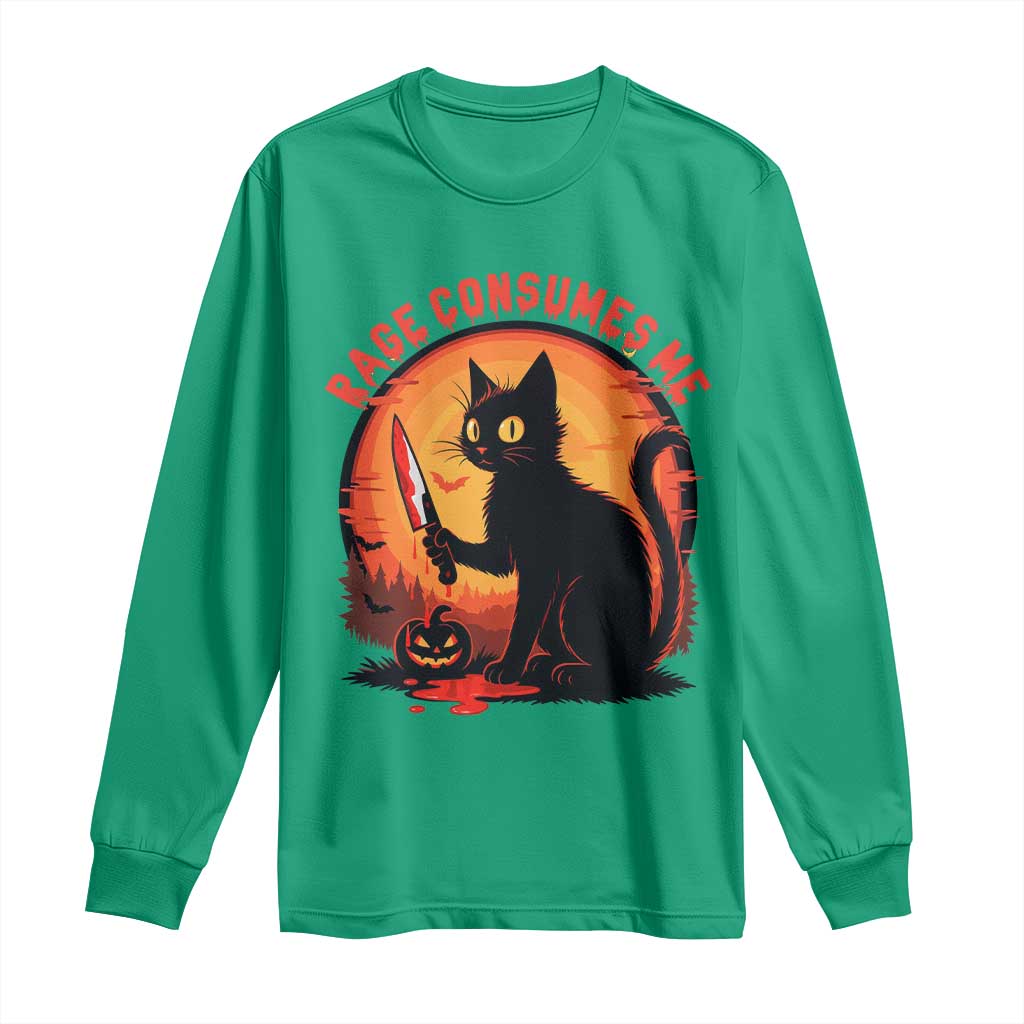 Funny Black Cat Halloween Funny Black Cat Murderous Cat With Knife Long Sleeve Shirt Rage Is Consuming Me - Wonder Print Shop