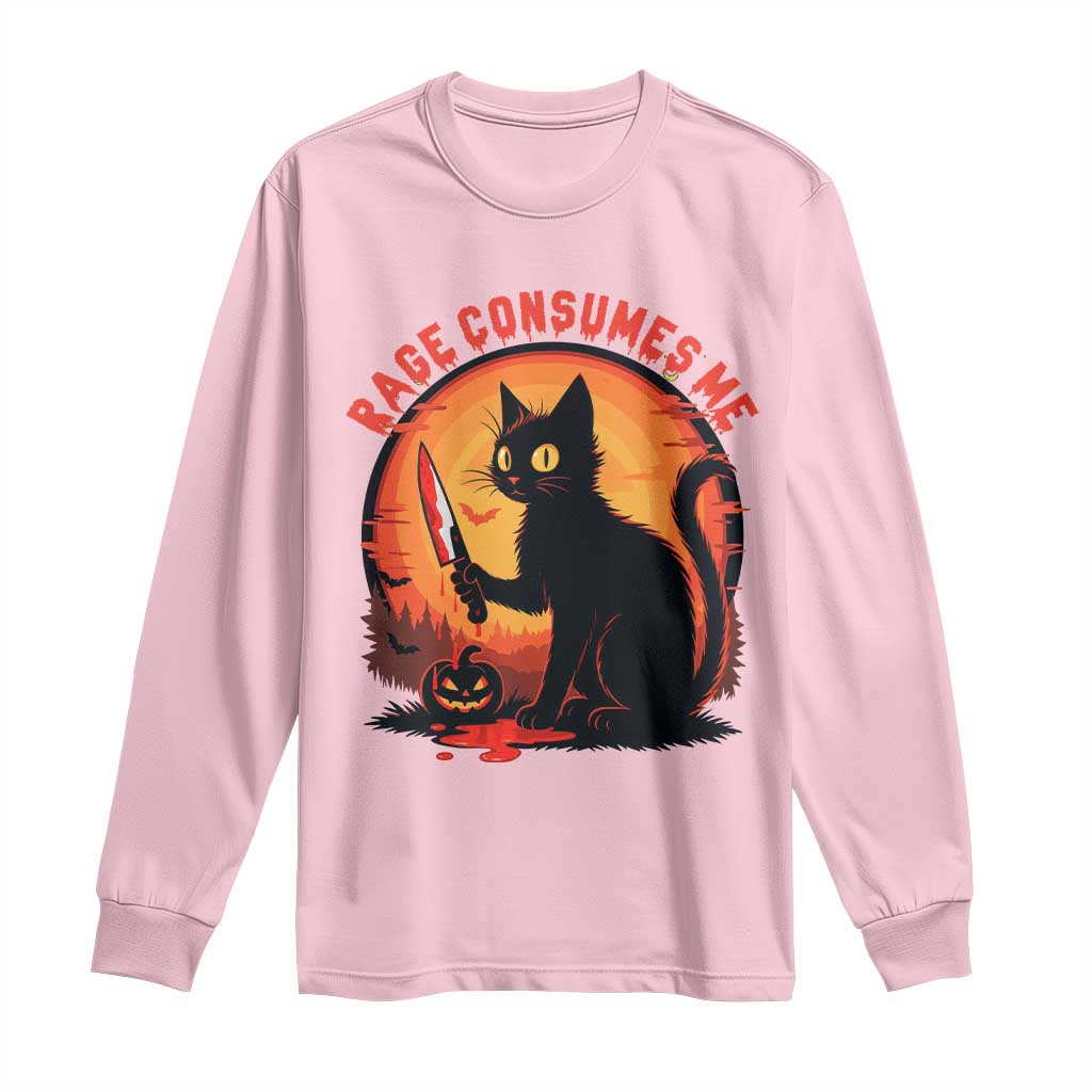 Funny Black Cat Halloween Funny Black Cat Murderous Cat With Knife Long Sleeve Shirt Rage Is Consuming Me - Wonder Print Shop
