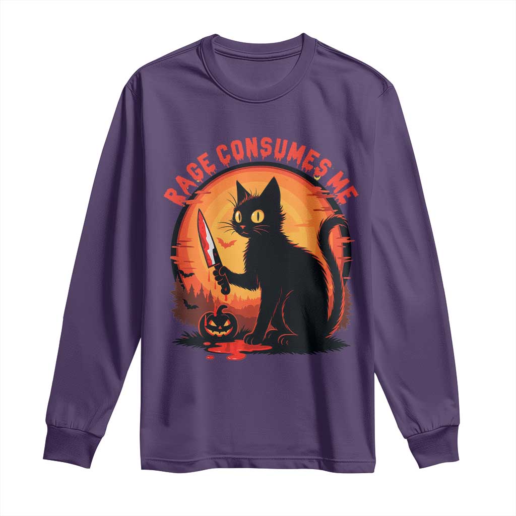 Funny Black Cat Halloween Funny Black Cat Murderous Cat With Knife Long Sleeve Shirt Rage Is Consuming Me - Wonder Print Shop