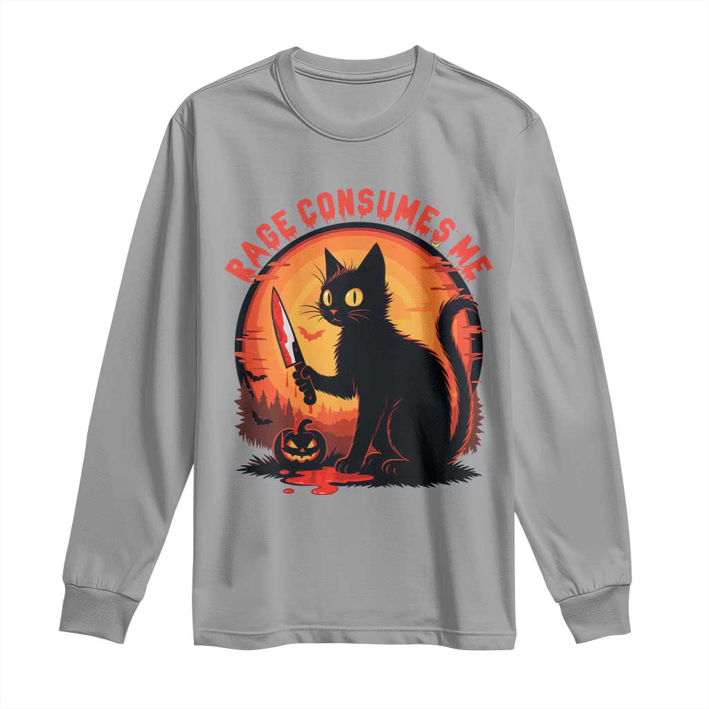 Funny Black Cat Halloween Funny Black Cat Murderous Cat With Knife Long Sleeve Shirt Rage Is Consuming Me - Wonder Print Shop