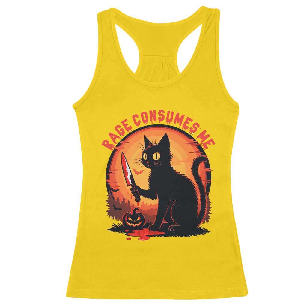 Funny Black Cat Halloween Funny Black Cat Murderous Cat With Knife Racerback Tank Top Rage Is Consuming Me - Wonder Print Shop