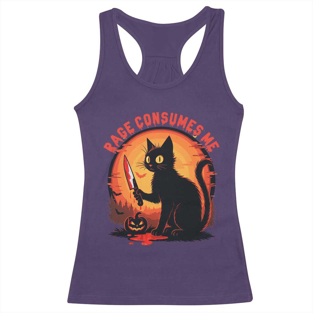 Funny Black Cat Halloween Funny Black Cat Murderous Cat With Knife Racerback Tank Top Rage Is Consuming Me - Wonder Print Shop