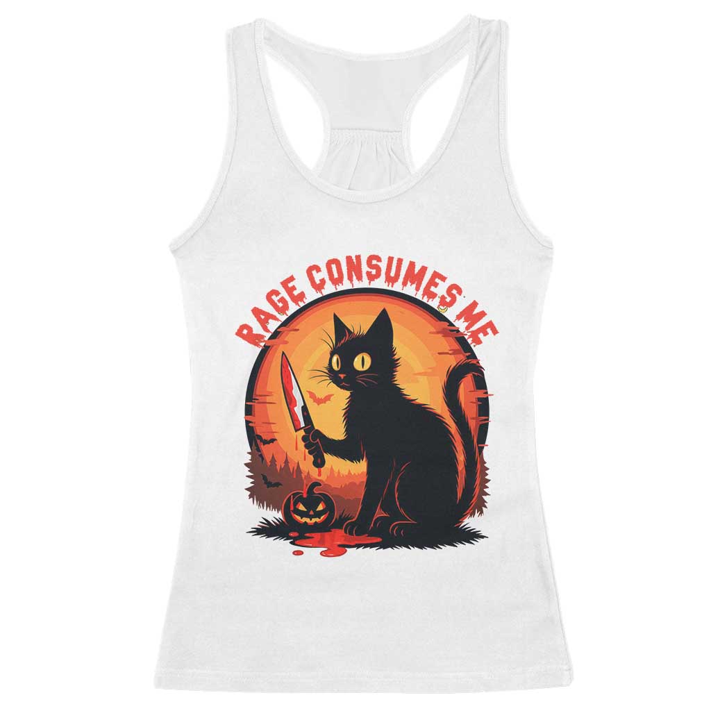 Funny Black Cat Halloween Funny Black Cat Murderous Cat With Knife Racerback Tank Top Rage Is Consuming Me - Wonder Print Shop