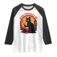 Funny Black Cat Halloween Funny Black Cat Murderous Cat With Knife Raglan Shirt Rage Is Consuming Me - Wonder Print Shop