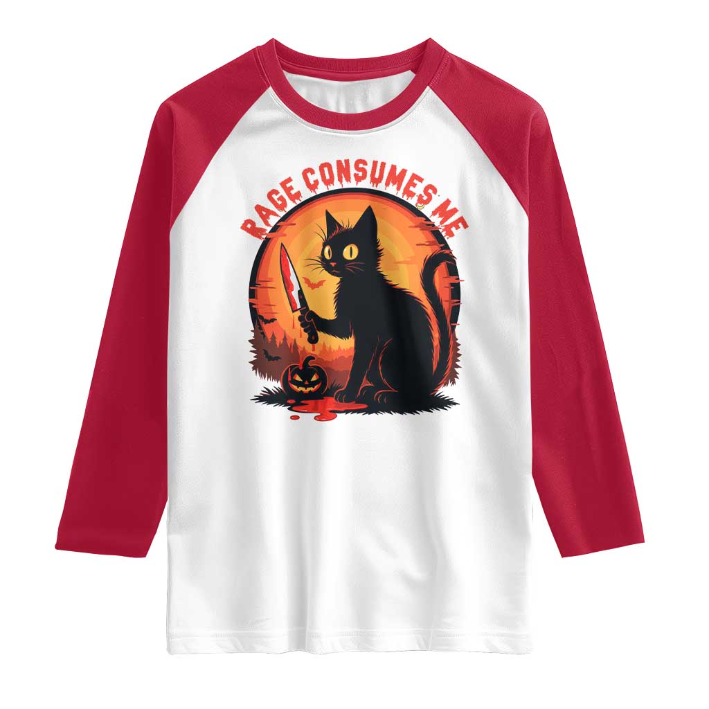 Funny Black Cat Halloween Funny Black Cat Murderous Cat With Knife Raglan Shirt Rage Is Consuming Me - Wonder Print Shop