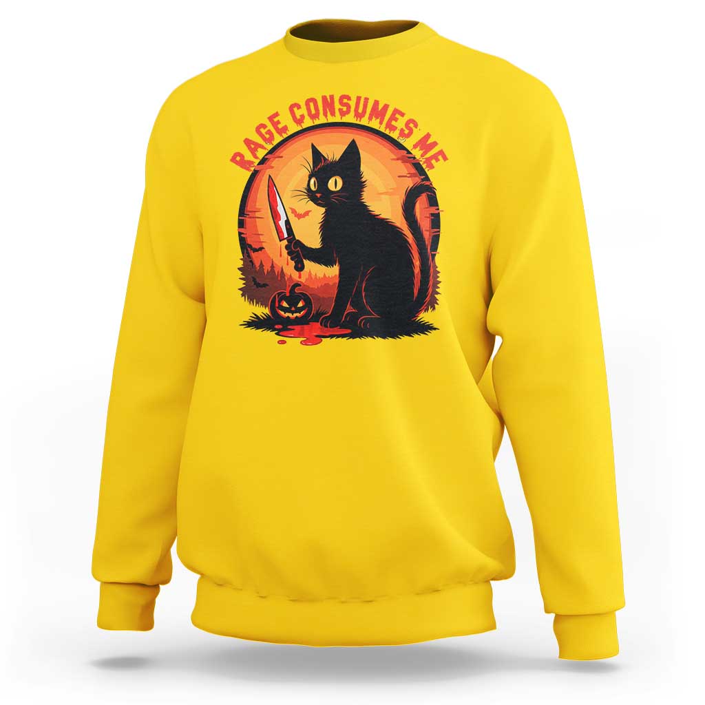 Funny Black Cat Halloween Funny Black Cat Murderous Cat With Knife Sweatshirt Rage Is Consuming Me - Wonder Print Shop
