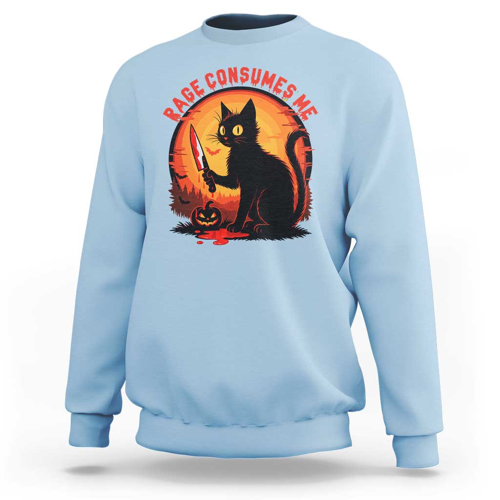 Funny Black Cat Halloween Funny Black Cat Murderous Cat With Knife Sweatshirt Rage Is Consuming Me - Wonder Print Shop