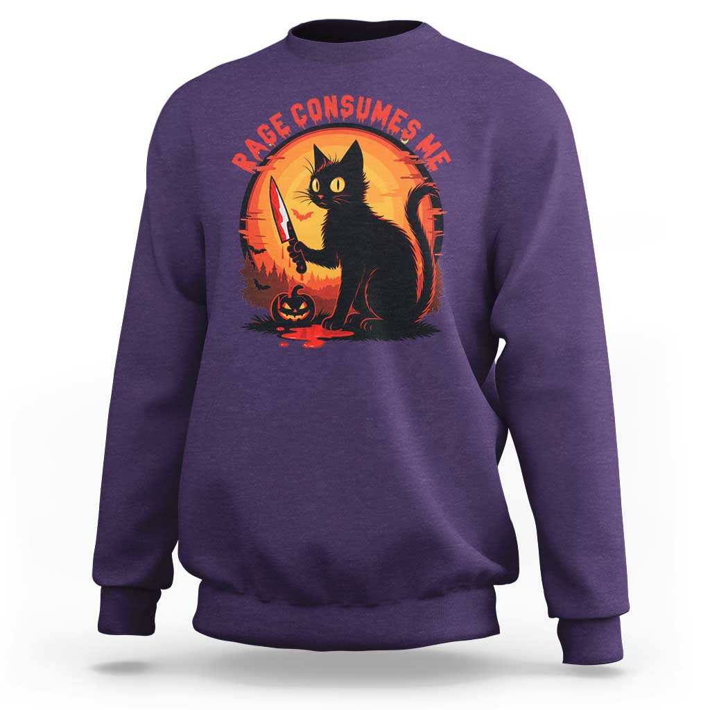 Funny Black Cat Halloween Funny Black Cat Murderous Cat With Knife Sweatshirt Rage Is Consuming Me - Wonder Print Shop