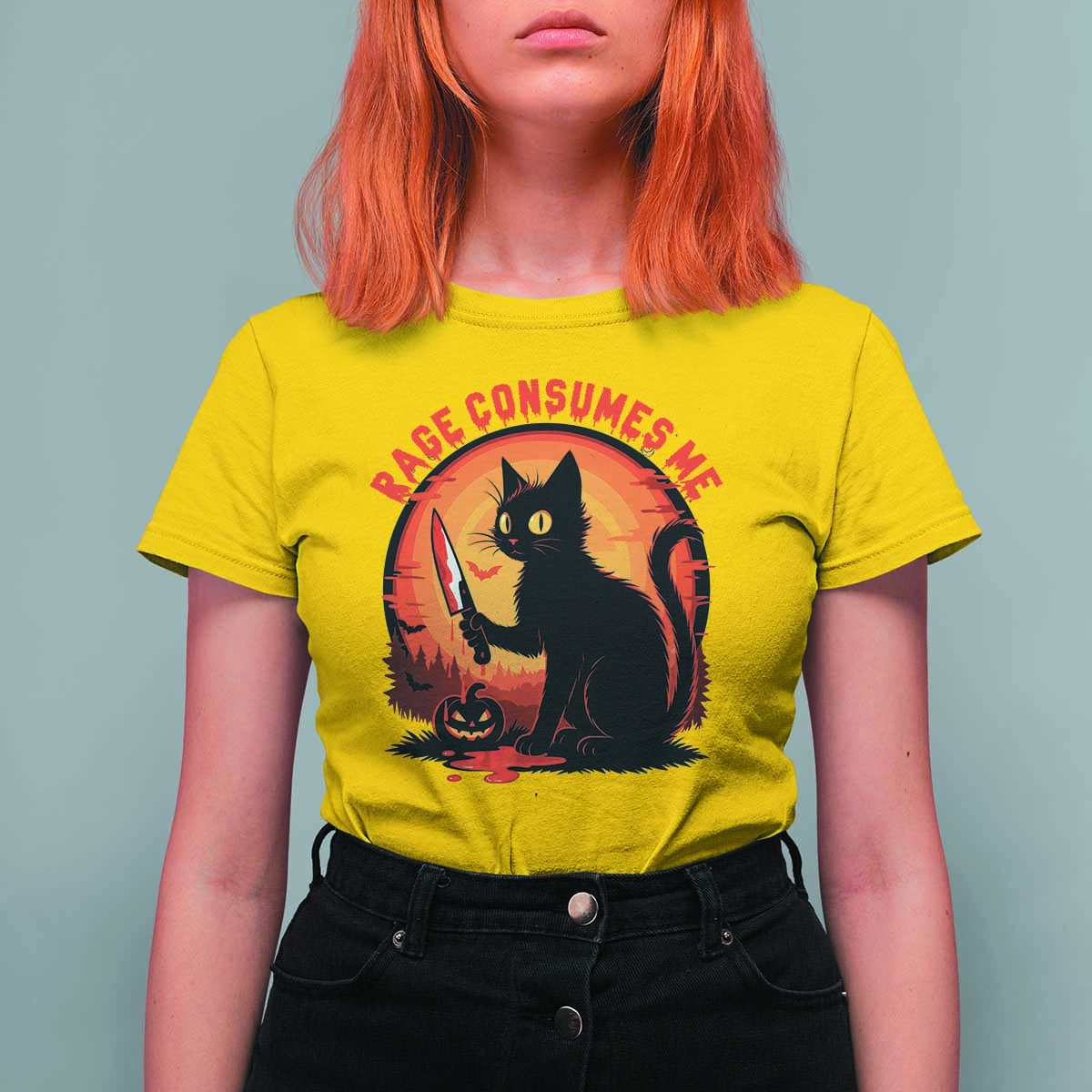 Funny Black Cat Halloween Funny Black Cat Murderous Cat With Knife T Shirt For Women Rage Is Consuming Me - Wonder Print Shop