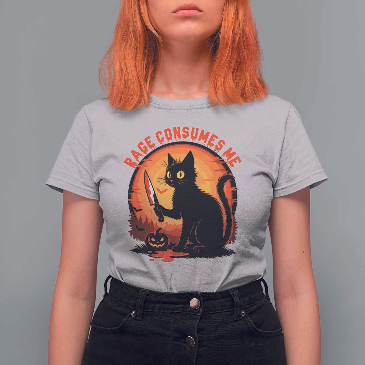 Funny Black Cat Halloween Funny Black Cat Murderous Cat With Knife T Shirt For Women Rage Is Consuming Me - Wonder Print Shop
