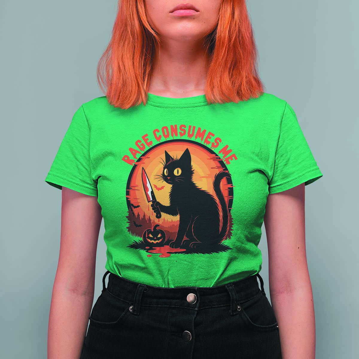 Funny Black Cat Halloween Funny Black Cat Murderous Cat With Knife T Shirt For Women Rage Is Consuming Me - Wonder Print Shop
