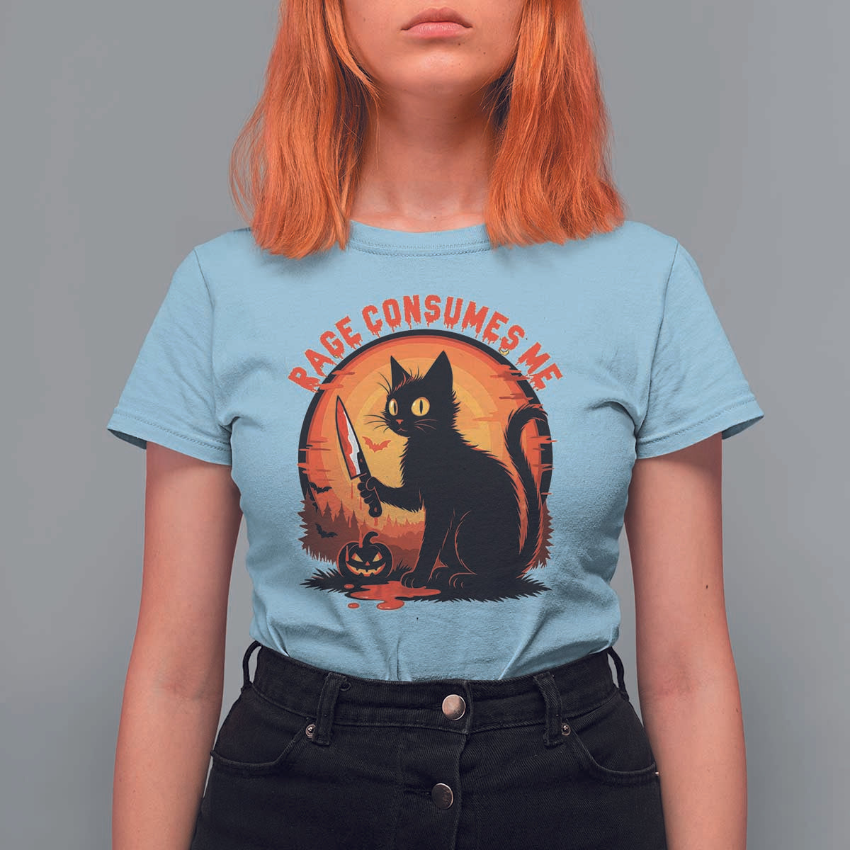 Funny Black Cat Halloween Funny Black Cat Murderous Cat With Knife T Shirt For Women Rage Is Consuming Me - Wonder Print Shop