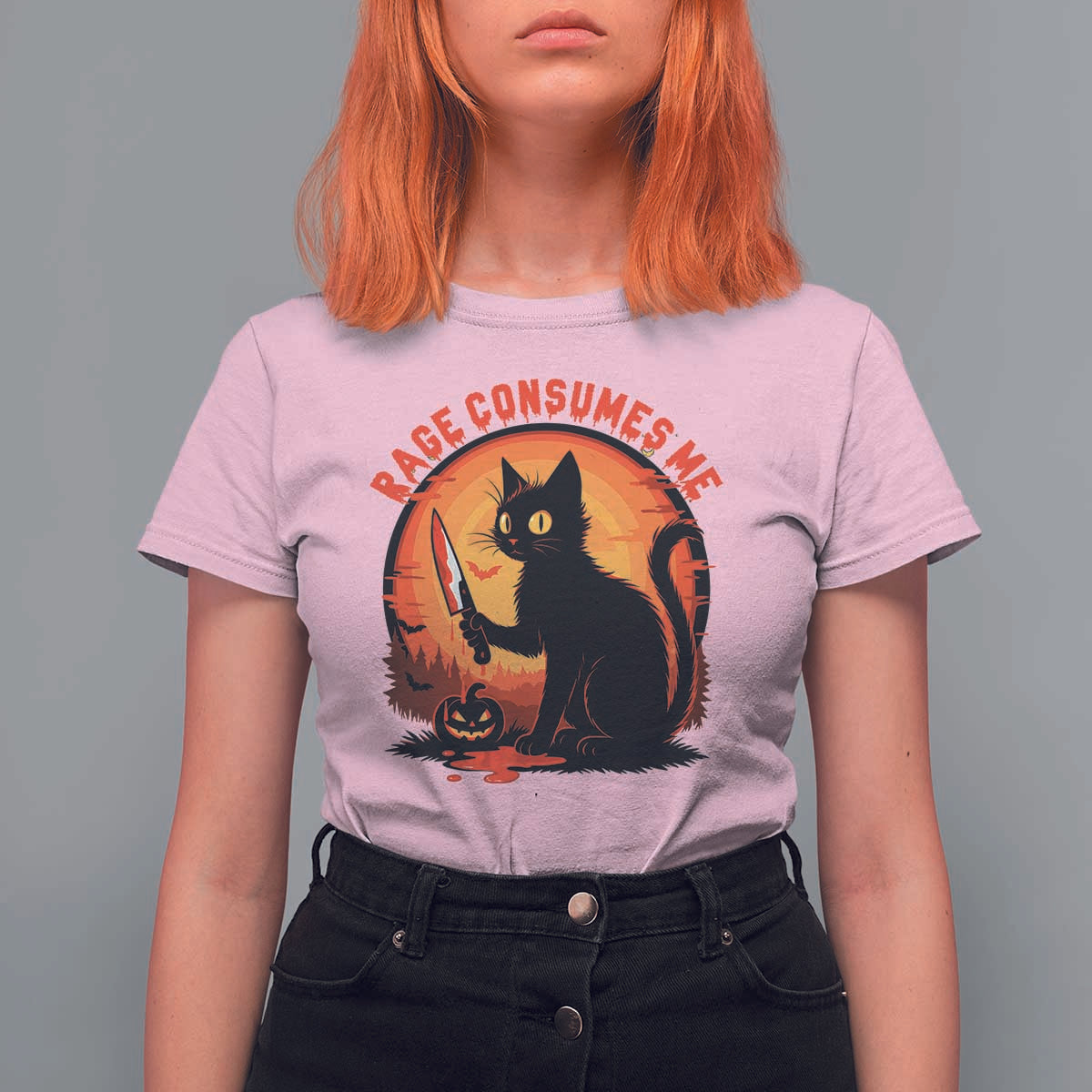 Funny Black Cat Halloween Funny Black Cat Murderous Cat With Knife T Shirt For Women Rage Is Consuming Me - Wonder Print Shop