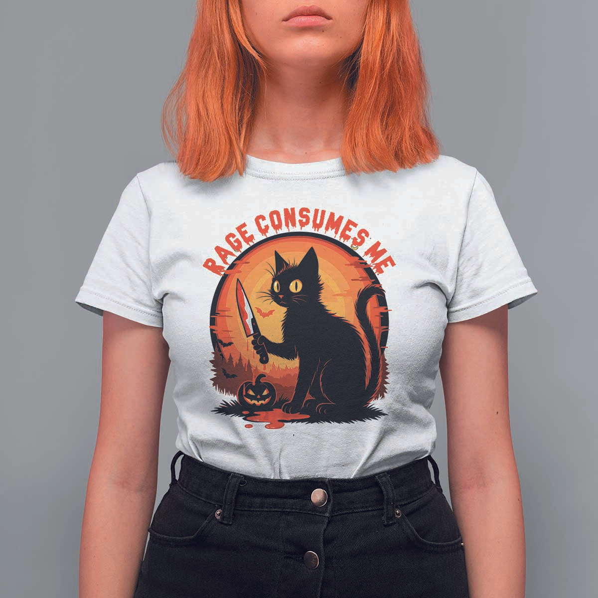 Funny Black Cat Halloween Funny Black Cat Murderous Cat With Knife T Shirt For Women Rage Is Consuming Me - Wonder Print Shop