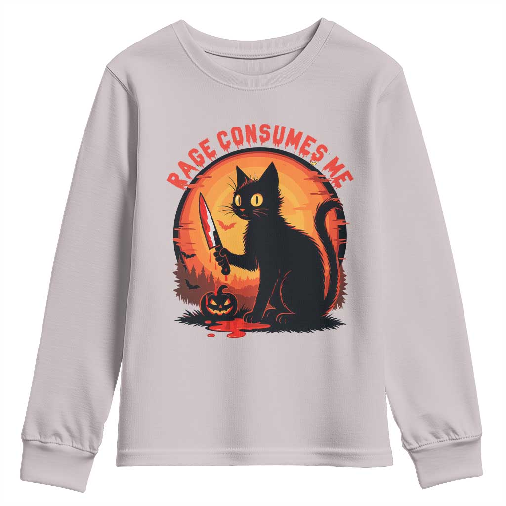 Funny Black Cat Halloween Funny Black Cat Murderous Cat With Knife Youth Sweatshirt Rage Is Consuming Me - Wonder Print Shop