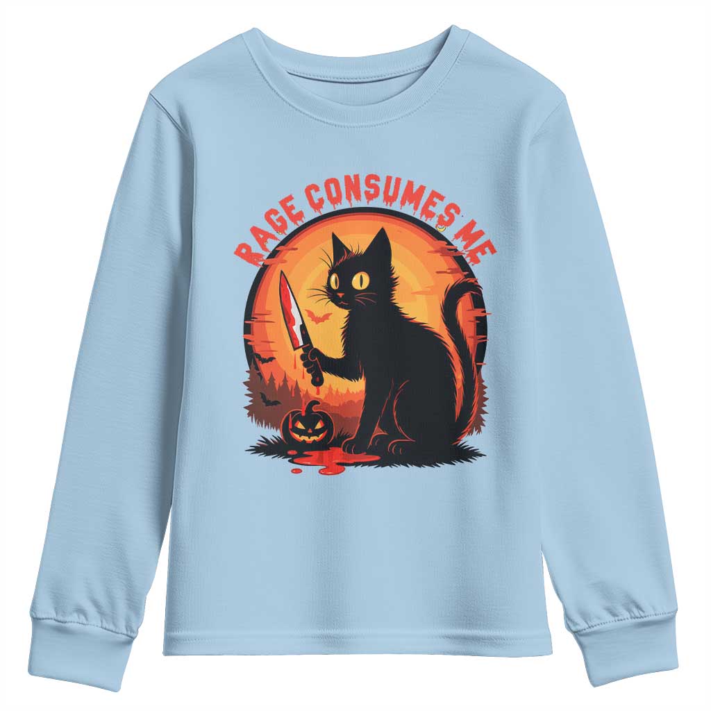 Funny Black Cat Halloween Funny Black Cat Murderous Cat With Knife Youth Sweatshirt Rage Is Consuming Me - Wonder Print Shop