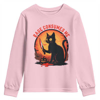 Funny Black Cat Halloween Funny Black Cat Murderous Cat With Knife Youth Sweatshirt Rage Is Consuming Me - Wonder Print Shop