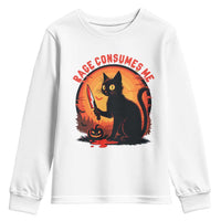 Funny Black Cat Halloween Funny Black Cat Murderous Cat With Knife Youth Sweatshirt Rage Is Consuming Me - Wonder Print Shop