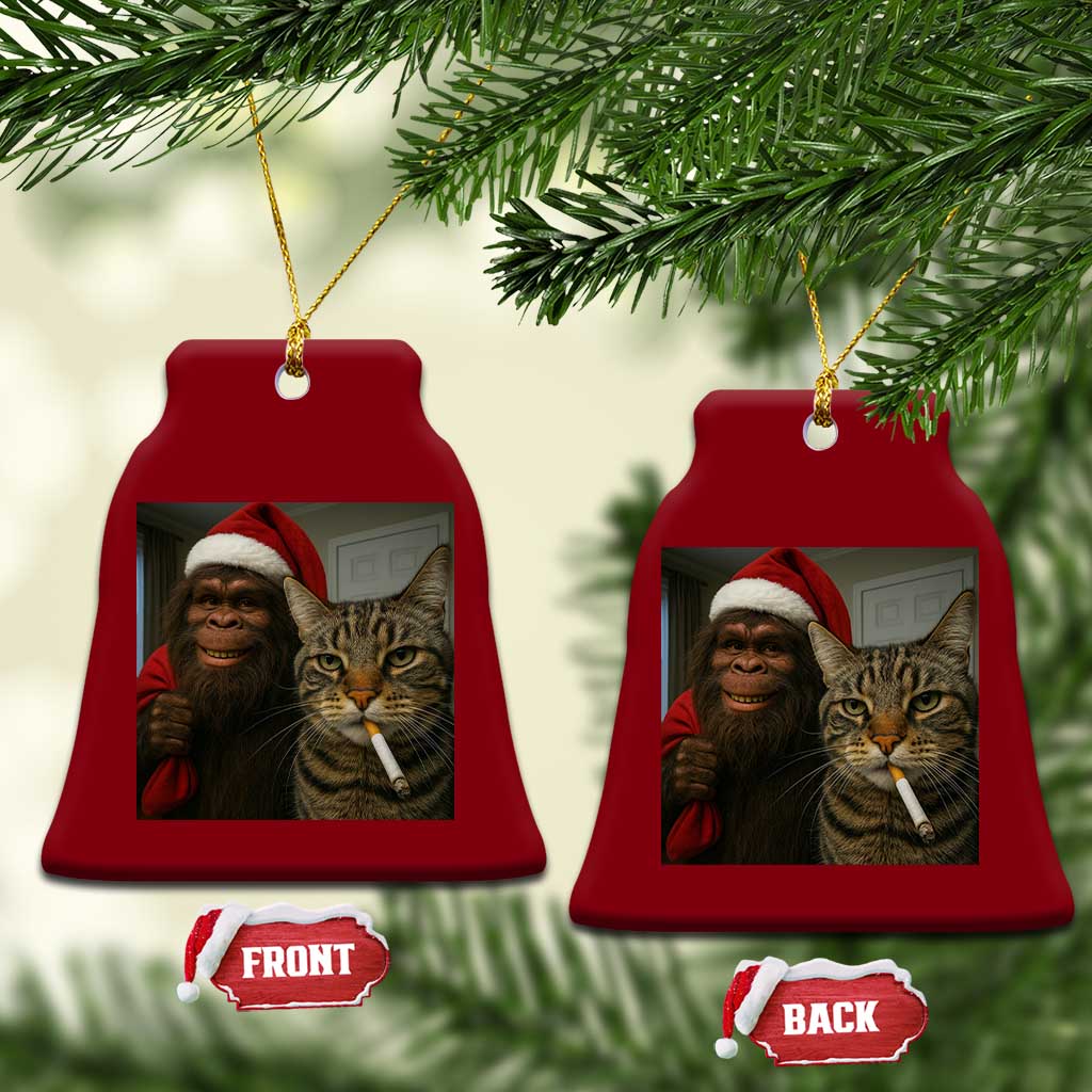 Funny Cat Selfie Bigfoot Xmas Sasquatch Ceramic Ornament - Wonder Print Shop