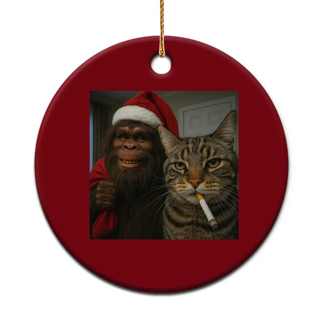 Funny Cat Selfie Bigfoot Xmas Sasquatch Ceramic Ornament - Wonder Print Shop