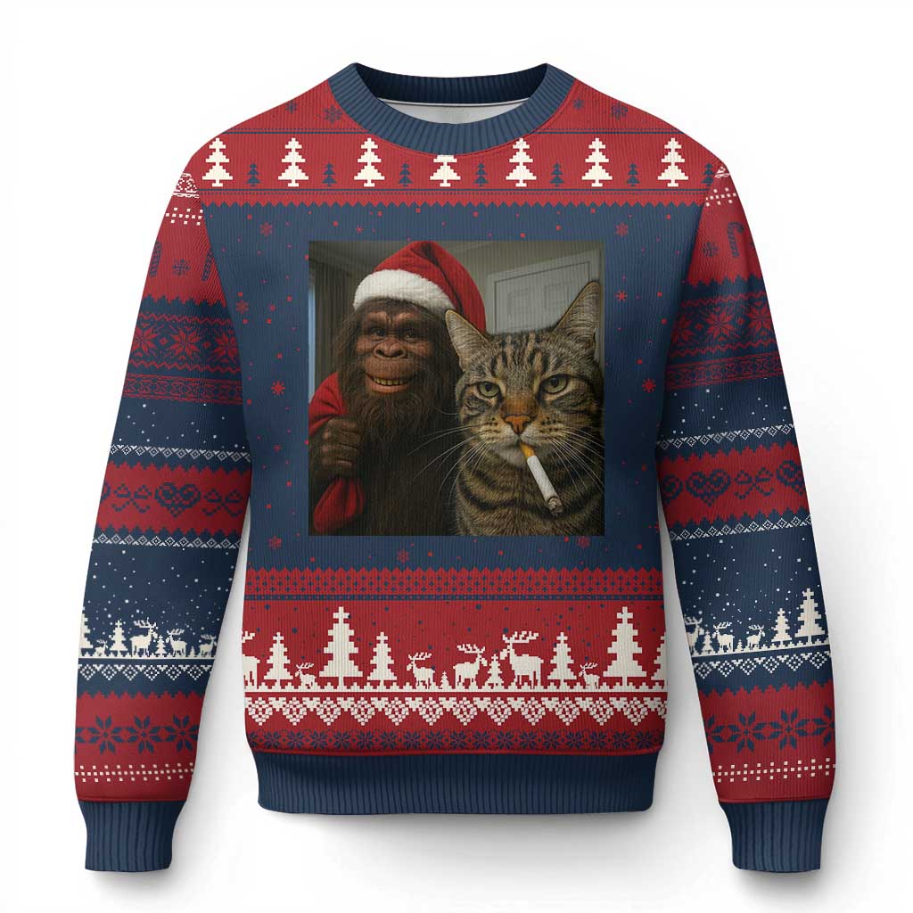 Funny Cat Selfie Bigfoot Xmas Sasquatch Ugly Christmas Sweater - Wonder Print Shop