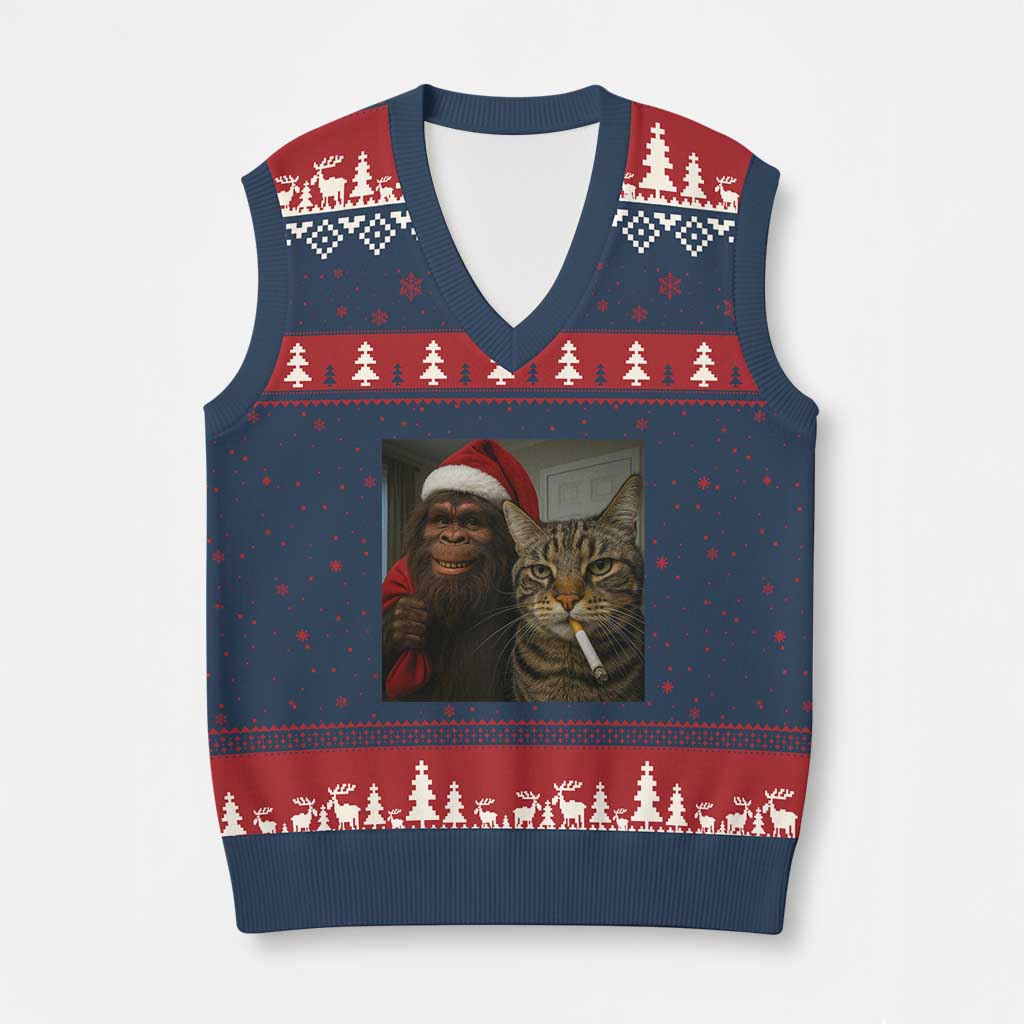 Funny Cat Selfie Bigfoot Xmas Sasquatch V-Neck Knit Sweater Vest - Wonder Print Shop