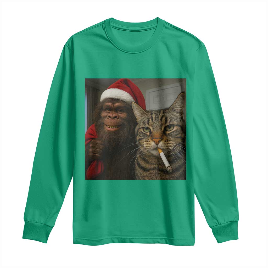 Funny Cat Selfie Bigfoot Christmas Sasquatch Long Sleeve Shirt - Wonder Print Shop