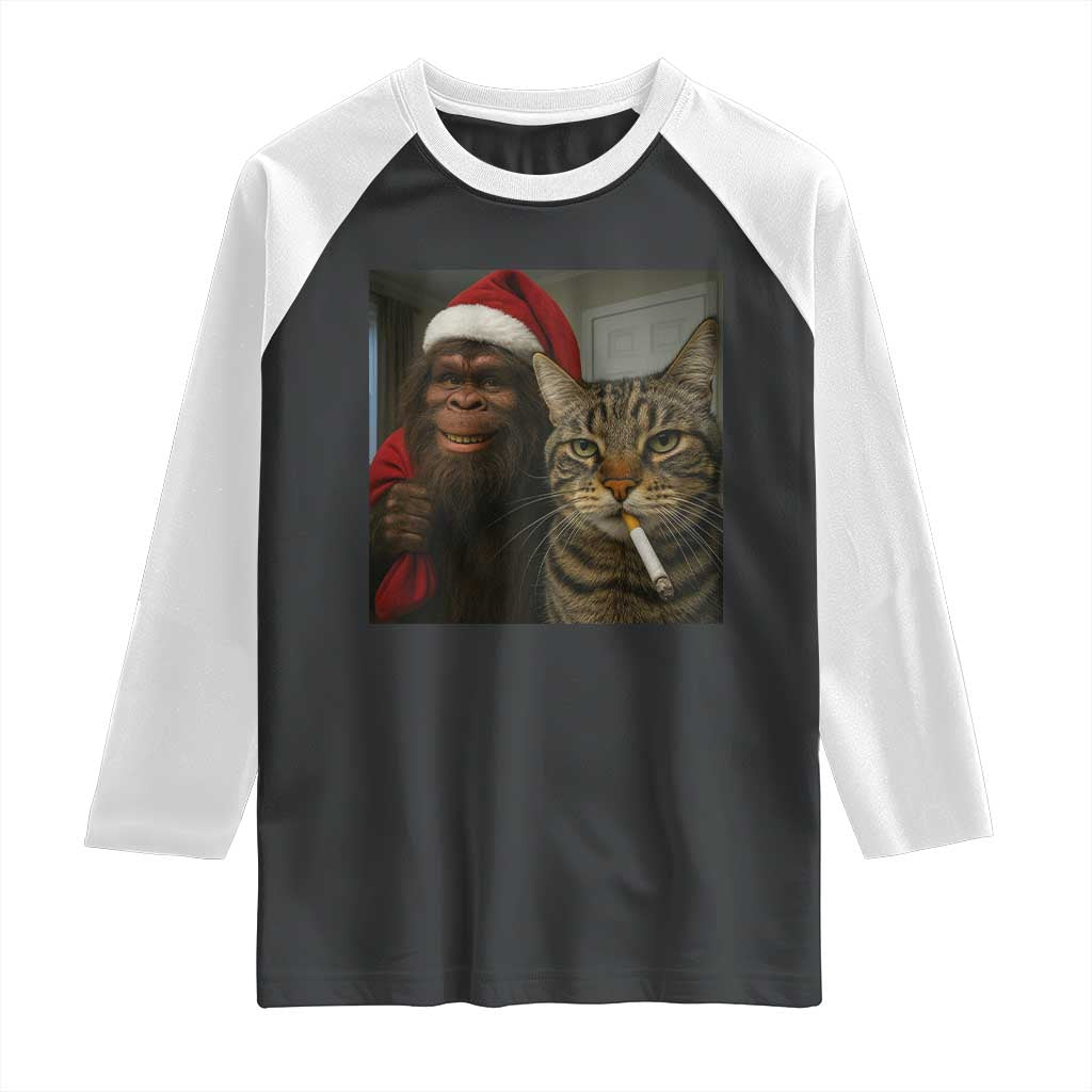 Funny Cat Selfie Bigfoot Christmas Sasquatch Raglan Shirt - Wonder Print Shop