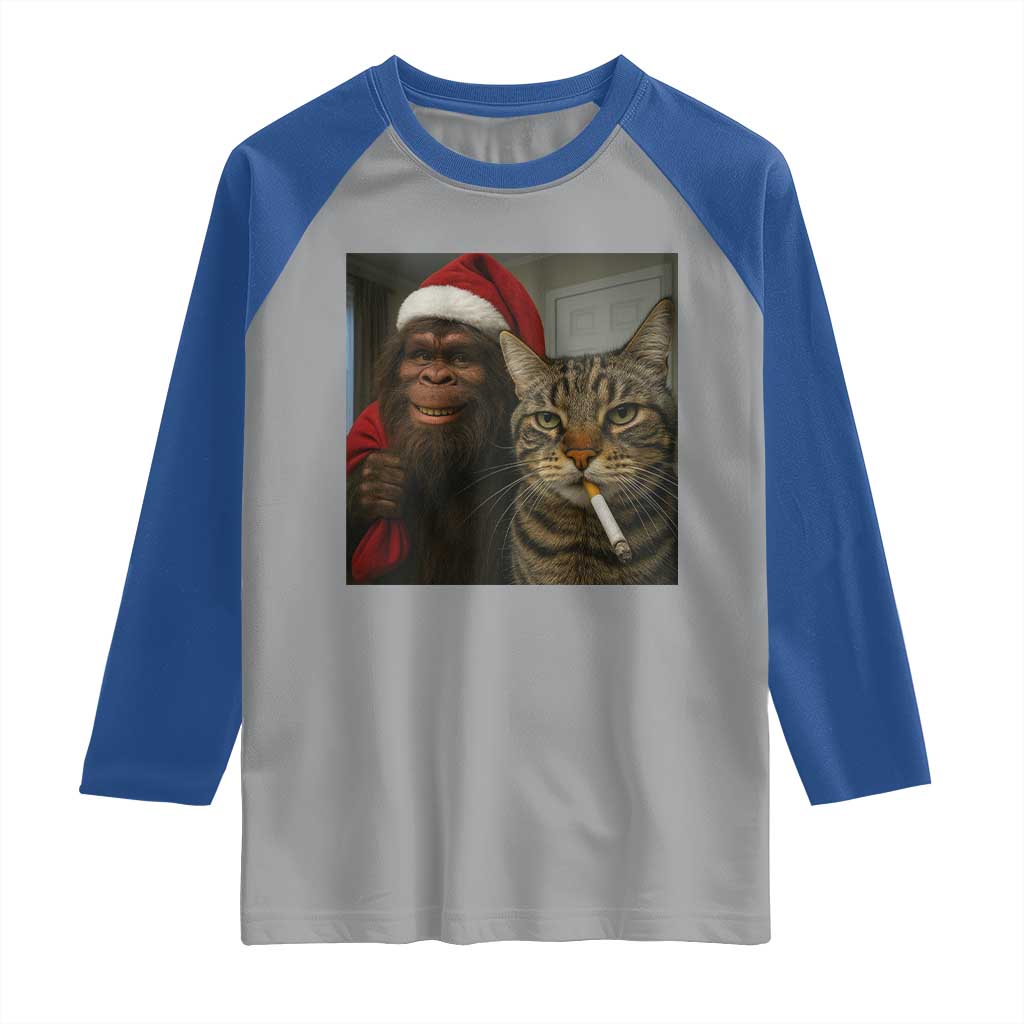 Funny Cat Selfie Bigfoot Christmas Sasquatch Raglan Shirt - Wonder Print Shop