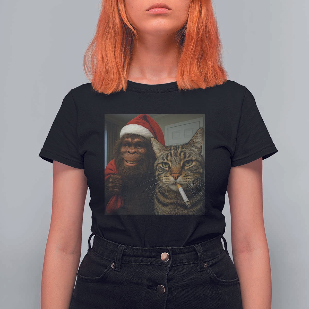 Funny Cat Selfie Bigfoot Christmas Sasquatch T Shirt For Women - Wonder Print Shop