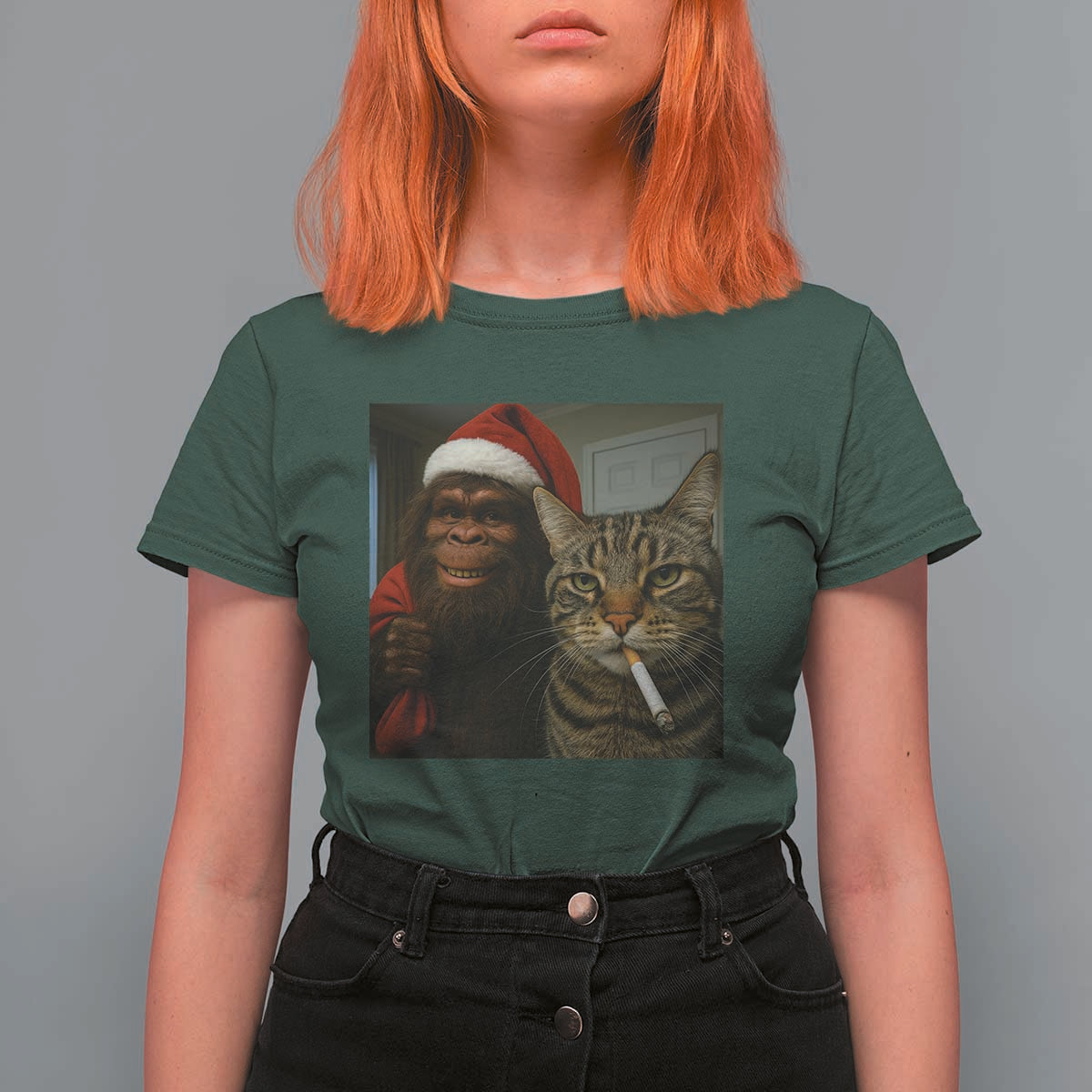 Funny Cat Selfie Bigfoot Christmas Sasquatch T Shirt For Women - Wonder Print Shop