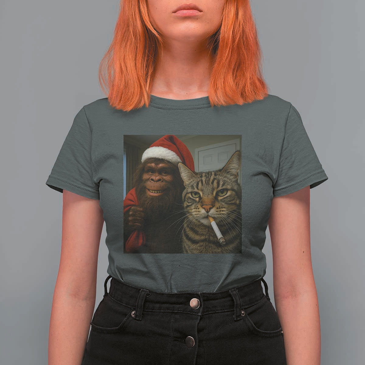 Funny Cat Selfie Bigfoot Christmas Sasquatch T Shirt For Women - Wonder Print Shop