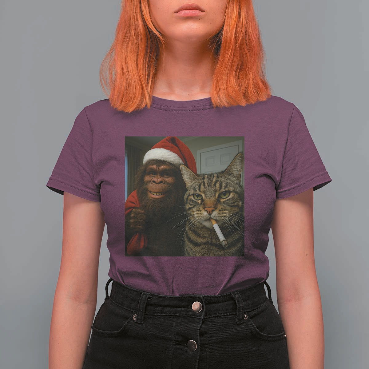 Funny Cat Selfie Bigfoot Christmas Sasquatch T Shirt For Women - Wonder Print Shop