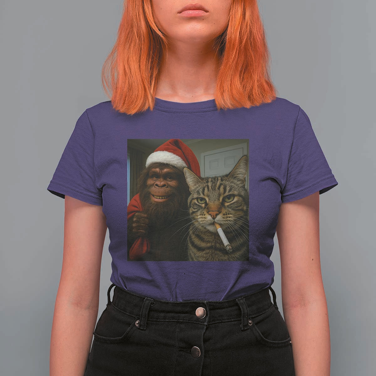 Funny Cat Selfie Bigfoot Christmas Sasquatch T Shirt For Women - Wonder Print Shop