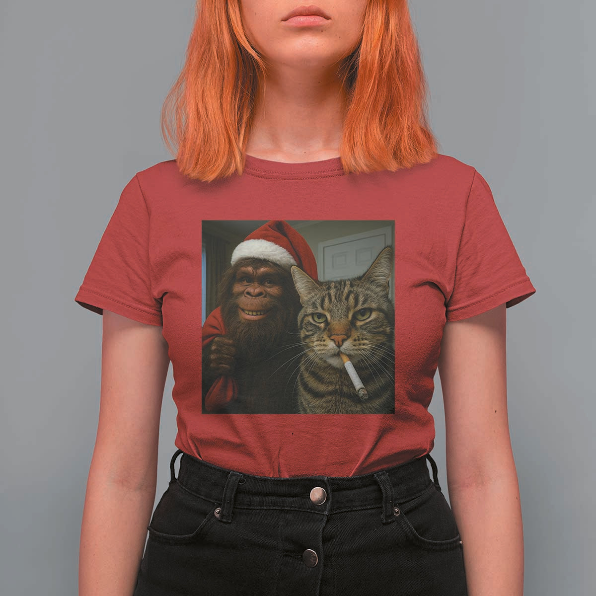 Funny Cat Selfie Bigfoot Christmas Sasquatch T Shirt For Women - Wonder Print Shop