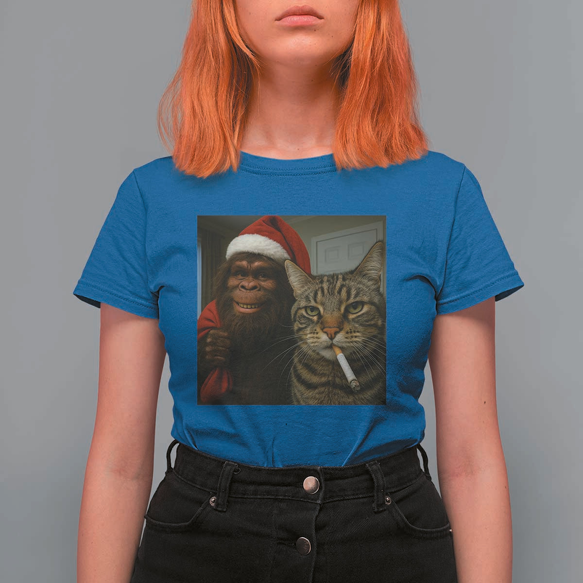 Funny Cat Selfie Bigfoot Christmas Sasquatch T Shirt For Women - Wonder Print Shop
