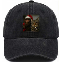 Funny Cat Selfie Bigfoot Christmas Sasquatch Washed Cotton Baseball Cap