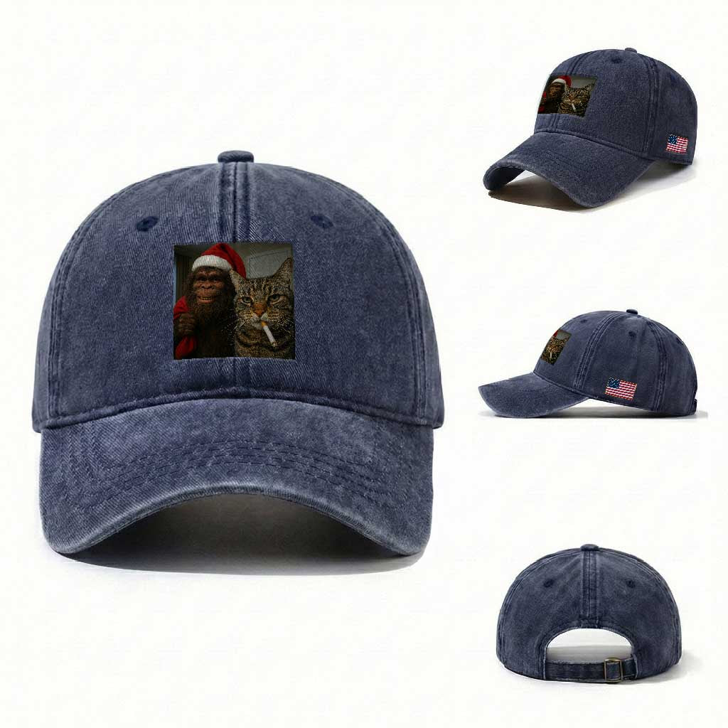 Funny Cat Selfie Bigfoot Christmas Sasquatch Washed Cotton Baseball Cap