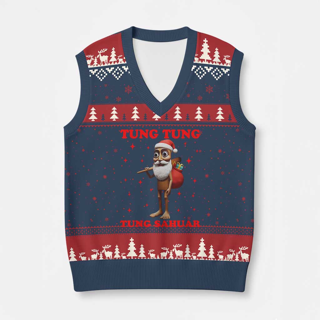 Funny Italian Brainrot Xmas V-Neck Knit Sweater Vest Tung Tung Tung Sahur Meme - Wonder Print Shop