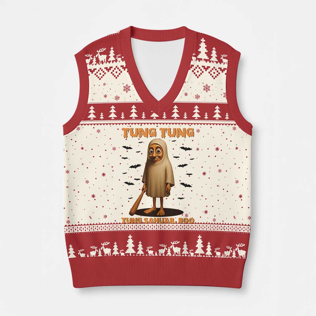 Funny Italian Brainrot Halloween V-Neck Knit Sweater Vest Tung Tung Tung Sahur Meme - Wonder Print Shop