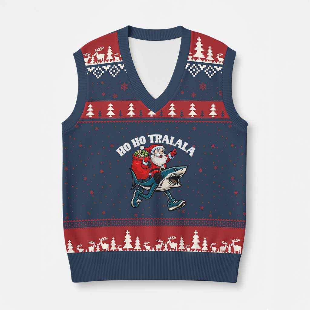 Tralalero Tralala Xmas Meme V-Neck Knit Sweater Vest Santa Xmas Ho Ho Ho - Wonder Print Shop