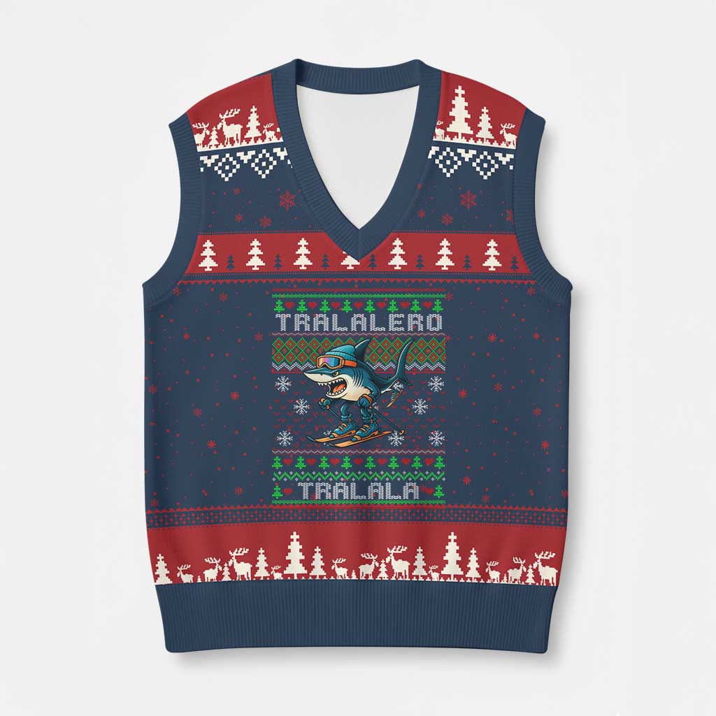 Tralalero Tralala Xmas Meme V-Neck Knit Sweater Vest Snowboard Ugly Xmas - Wonder Print Shop