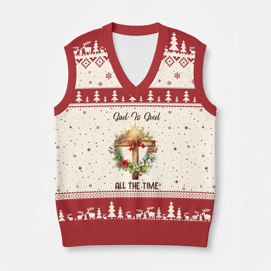 Cross Christian Xmas V-Neck Knit Sweater Vest God Is Good All The Time - Wonder Print Shop