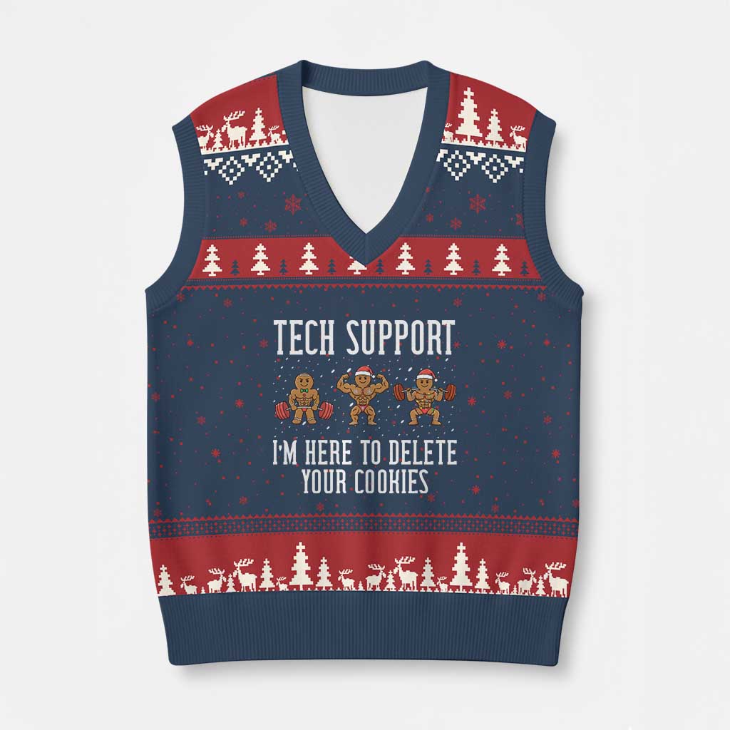 Tech Support Funny Xmas V-Neck Knit Sweater Vest Gingerbread I Am Here To Delete Your Cookies - Wonder Print Shop