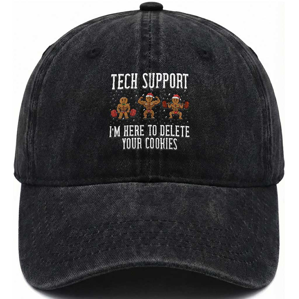 Tech Support Funny Christmas Washed Cotton Baseball Cap Gingerbread I Am Here To Delete Your Cookies