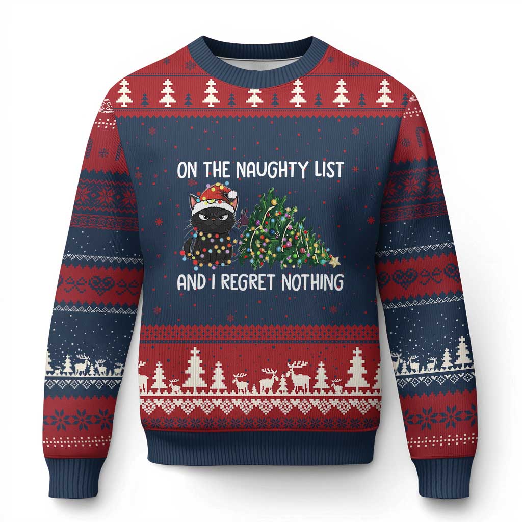 Funny Cat Xmas Ugly Christmas Sweater On The Naughty List And I Regret Nothing - Wonder Print Shop