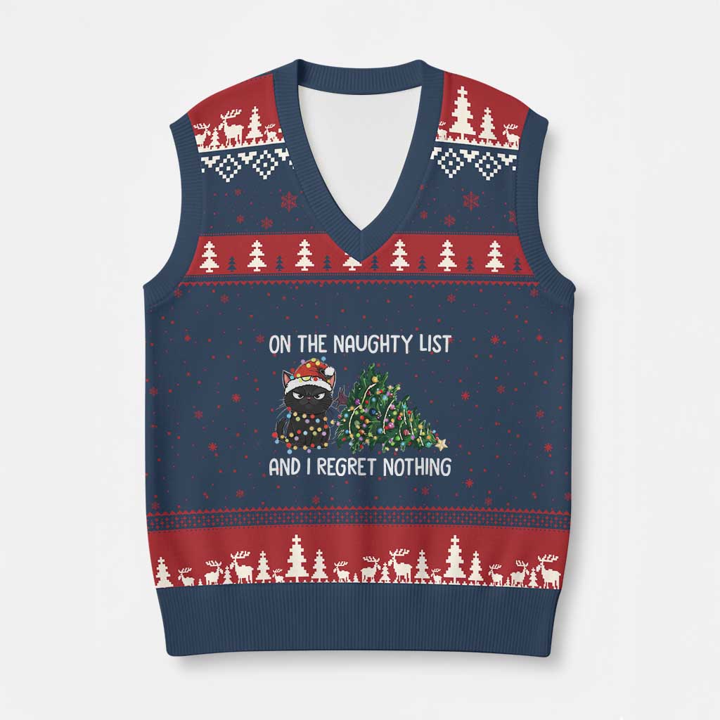 Funny Cat Xmas V-Neck Knit Sweater Vest On The Naughty List And I Regret Nothing - Wonder Print Shop